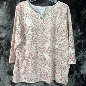 Alfred Dunner Women's XL Stretch Knit Top Pink‎ Geometric 3/4 Sleeve Necklace